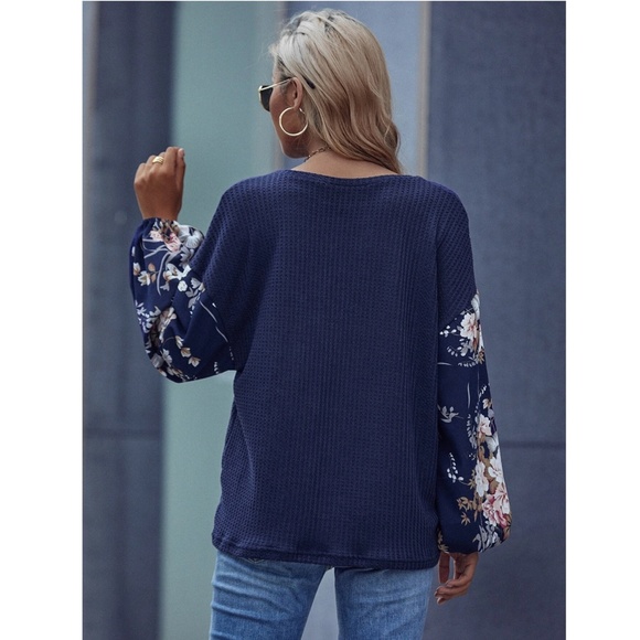 Navy Blue Floral Sleeves Casual Shirt Lantern Long Sleeves - Picture 3 of 8